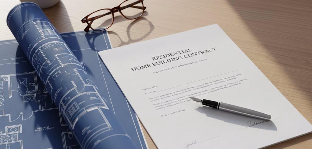 Review of Home Building Contracts NSW A professional desk setup featuring home building contracts, architectural blueprints, a pen, and glasses, representing a detailed legal contract review.