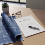 Review of Home Building Contracts NSW A professional desk setup featuring home building contracts, architectural blueprints, a pen, and glasses, representing a detailed legal contract review.