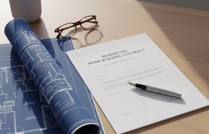 A professional desk setup featuring home building contracts, architectural blueprints, a pen, and glasses, representing a detailed legal contract review.