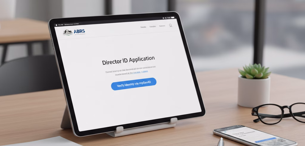 Starting a Business in Australia Modern office desk in Sydney with a tablet displaying the ABRS Director ID application, ASIC company registration papers, and a smartphone. All of this illustrate how to start a business.