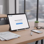 Starting a Business in Australia Modern office desk in Sydney with a tablet displaying the ABRS Director ID application, ASIC company registration papers, and a smartphone. All of this illustrate how to start a business.