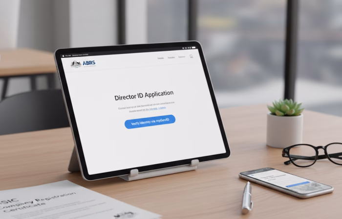 Modern office desk in Sydney with a tablet displaying the ABRS Director ID application, ASIC company registration papers, and a smartphone. All of this illustrate how to start a business.