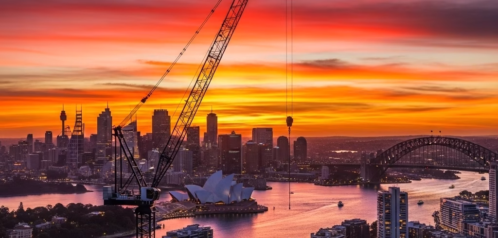 Sydney Sunset Construction A New Dawn for Property Law A striking, professional photo of a construction crane silhouetted against a dramatic sunset over the Sydney skyline, featuring the Sydney Opera House and Harbour Bridge. This image effectively visualizes the concept of a sunset clause in property development.
