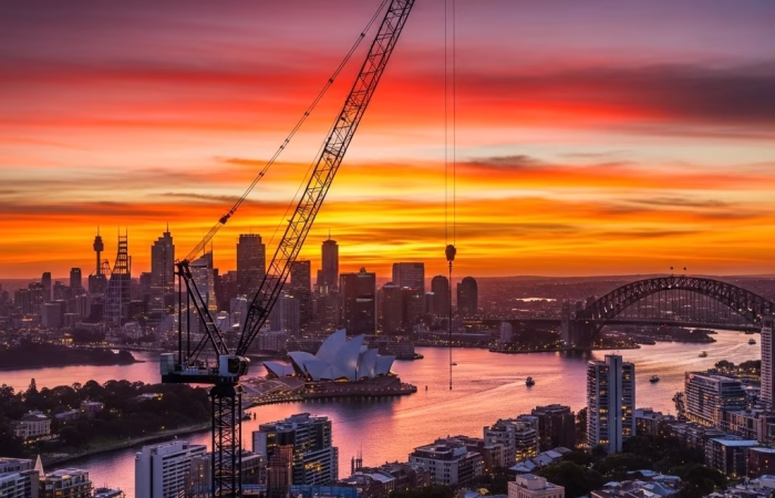 A striking, professional photo of a construction crane silhouetted against a dramatic sunset over the Sydney skyline, featuring the Sydney Opera House and Harbour Bridge. This image effectively visualizes the concept of a sunset clause in property development.