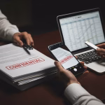 A close-up of three people's hands around a dark desk. One person holds a smartphone taking a picture of a stack of documents stamped "CONFIDENTIAL." Another hand is plugging a USB drive into a laptop showing financial data. This visual represents the threat of employee data theft and the misuse of sensitive company information.