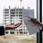 Two hands in business attire are positioned across from each other. One hand is open, palm up, as if expecting something, while the other holds out a project timeline or Gantt chart. In the blurred background, an unfinished building construction site is visible through a large window. This image represents the legal concept of promissory estoppel where reliance on a promise (like a project plan) can lead to legal implications even without a formal contract.