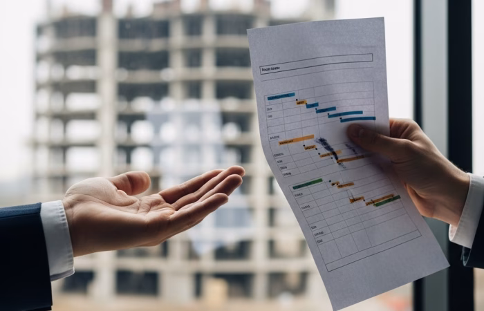 Two hands in business attire are positioned across from each other. One hand is open, palm up, as if expecting something, while the other holds out a project timeline or Gantt chart. In the blurred background, an unfinished building construction site is visible through a large window. This image represents the legal concept of promissory estoppel where reliance on a promise (like a project plan) can lead to legal implications even without a formal contract.