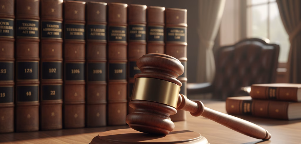 A professional wooden gavel and sound block resting on a desk in front of a row of leather-bound law books, representing the legal authority of a garnishee order in Australia.