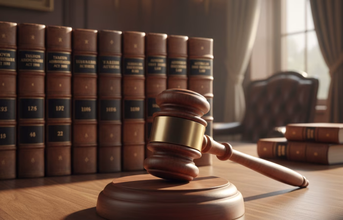 A professional wooden gavel and sound block resting on a desk in front of a row of leather-bound law books, representing the legal authority of a garnishee order in Australia.