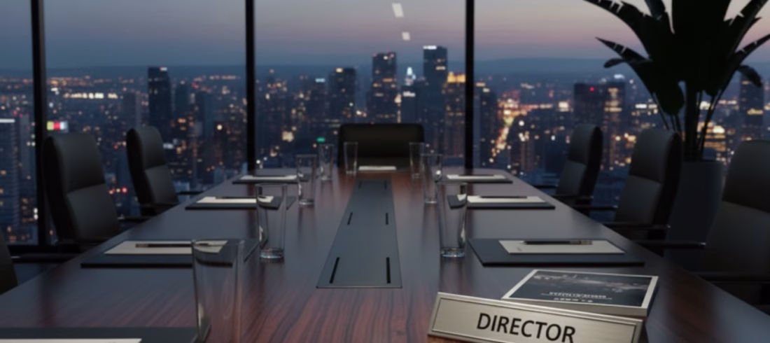 A close-up view of a polished wooden boardroom table with a metal "DIRECTOR" nameplate centered in the foreground. Nearby are black corporate folders and clear glasses. The setting is a high-rise office at dusk, with the blurred city skyline lights visible through the large window, creating a professional but slightly ambiguous backdrop that hints at the influence of de facto directors.
