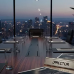 A close-up view of a polished wooden boardroom table with a metal "DIRECTOR" nameplate centered in the foreground. Nearby are black corporate folders and clear glasses. The setting is a high-rise office at dusk, with the blurred city skyline lights visible through the large window, creating a professional but slightly ambiguous backdrop that hints at the influence of de facto directors.