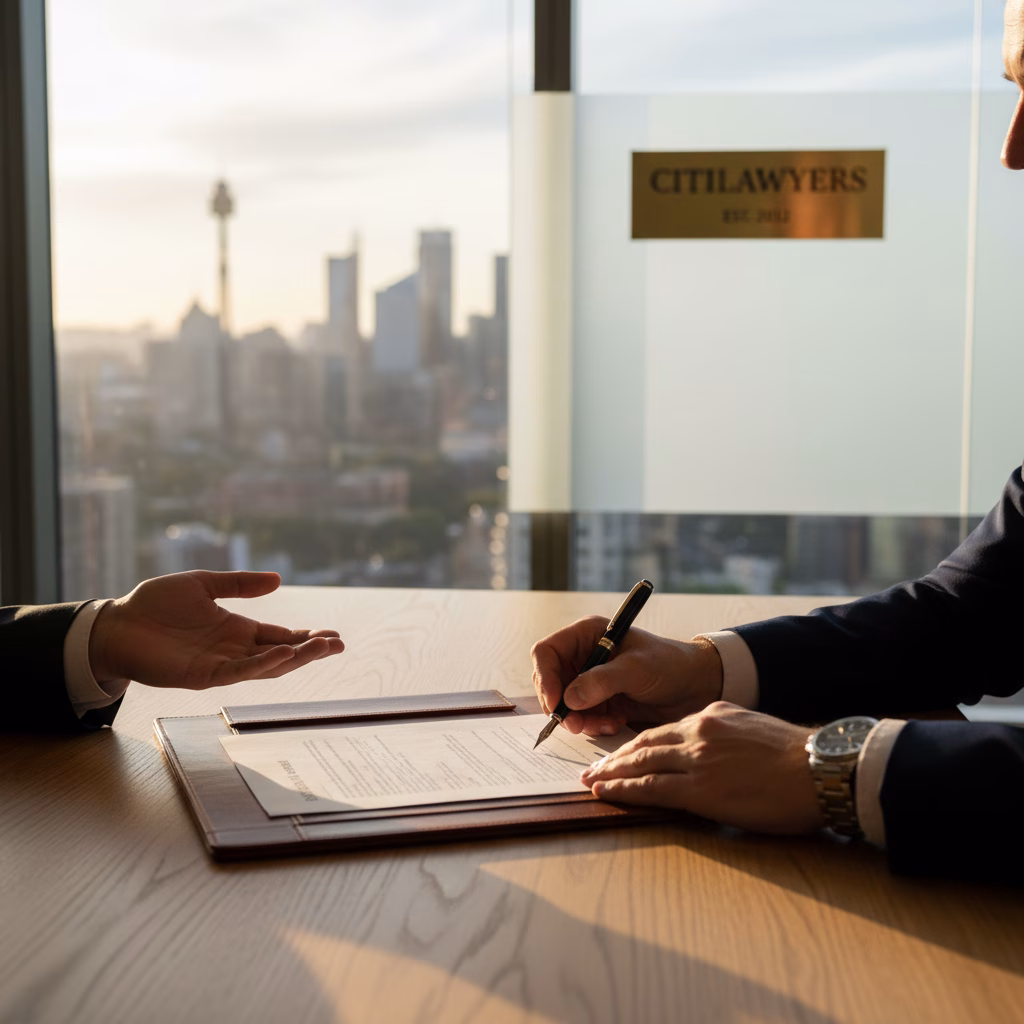 Two people in suits, representing a legal team, discussing and signing a document at a desk in front of a window featuring the Citilawyers logo and the Sydney Tower.