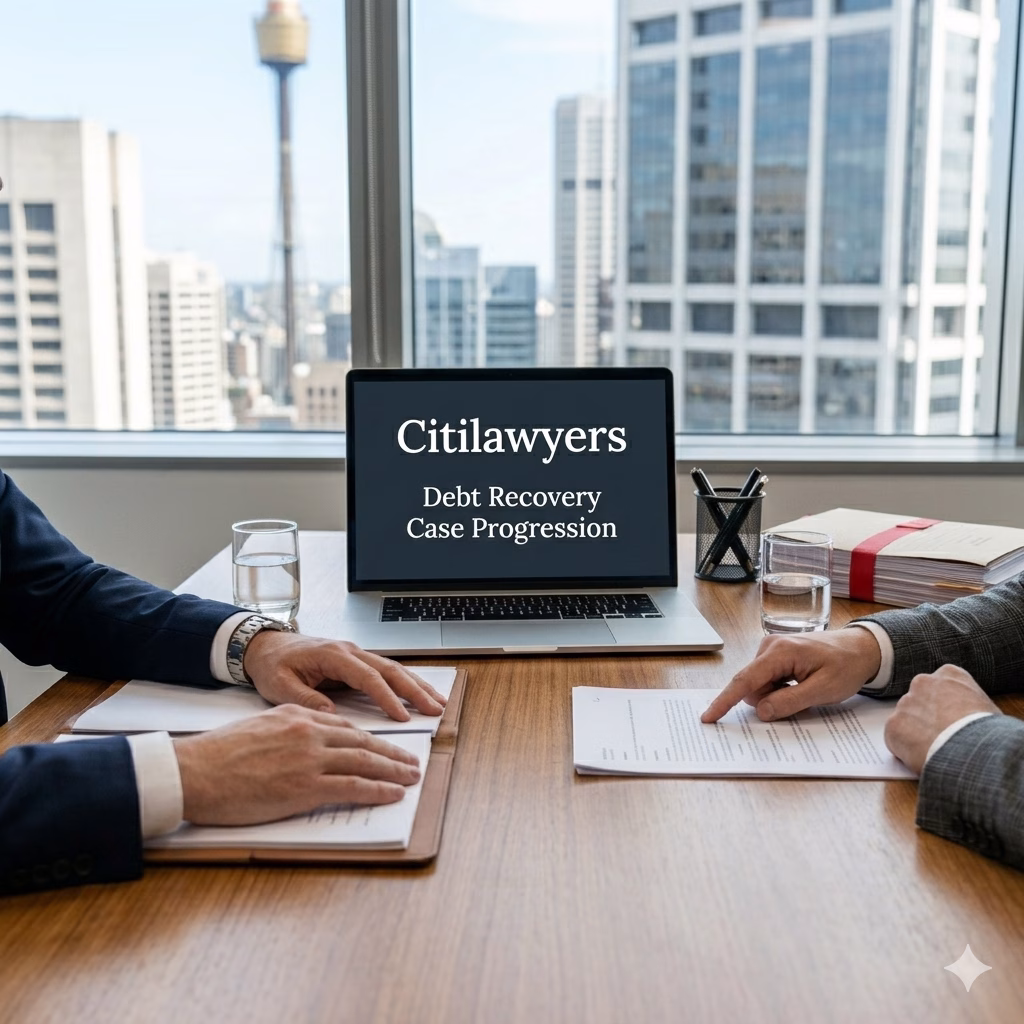 Close-up of Citilawyers in a Sydney CBD office reviewing debt recovery documentation on a laptop and physical case files.