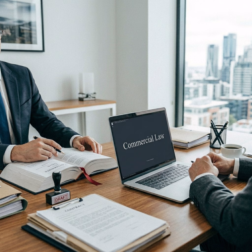 A professional, close-up shot of a legal consultation in a modern office, cropped to show only the shoulders and hands of two people in business suits. On a polished wooden desk, one person reviews a large open legal volume while a silver laptop in the center displays "Commercial Law" on the screen. The desk features a "DRAFT" stamp and legal folders, with a bright city skyline visible through floor-to-ceiling windows in the background.