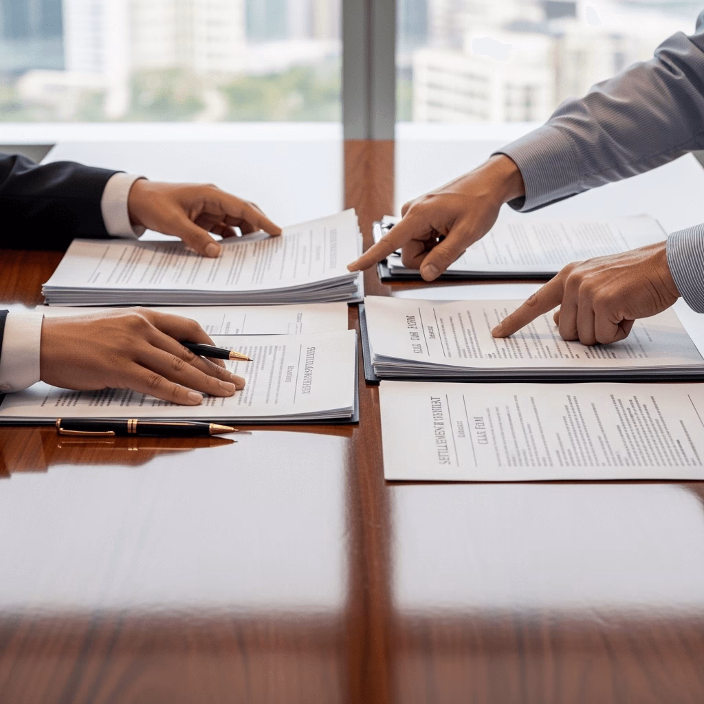 A close-up of hands working together on legal documents, symbolising strategic dispute resolution and debt recovery services.