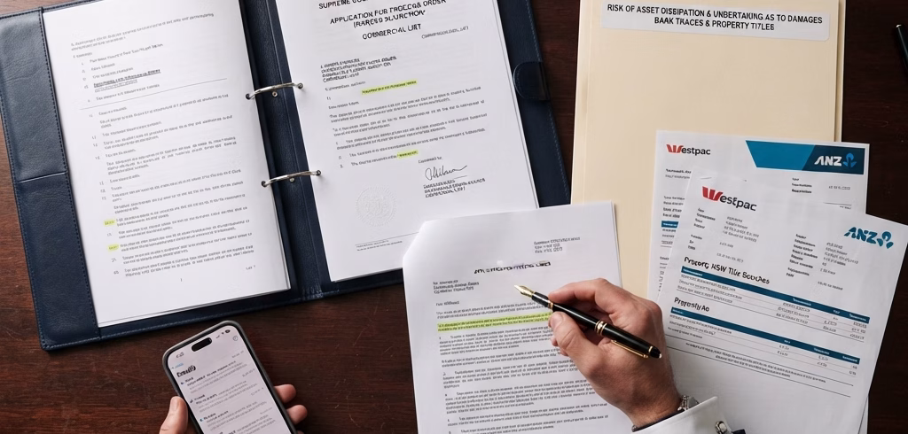 A professional top-down, close-up landscape header image featuring a dark color overlay for optimal website text legibility. The legal workspace showcases preparation materials for a Mareva freezing order in the Supreme Court of New South Wales, including an application brief, asset dissipation evidence files, and an Undertaking as to Damages document.