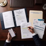 A professional top-down, close-up landscape header image featuring a dark color overlay for optimal website text legibility. The legal workspace showcases preparation materials for a Mareva freezing order in the Supreme Court of New South Wales, including an application brief, asset dissipation evidence files, and an Undertaking as to Damages document.