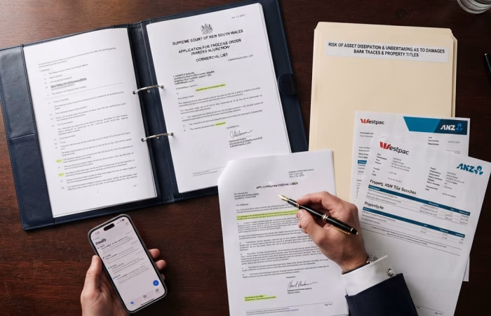 A professional top-down, close-up landscape header image featuring a dark color overlay for optimal website text legibility. The legal workspace showcases preparation materials for a Mareva freezing order in the Supreme Court of New South Wales, including an application brief, asset dissipation evidence files, and an Undertaking as to Damages document.