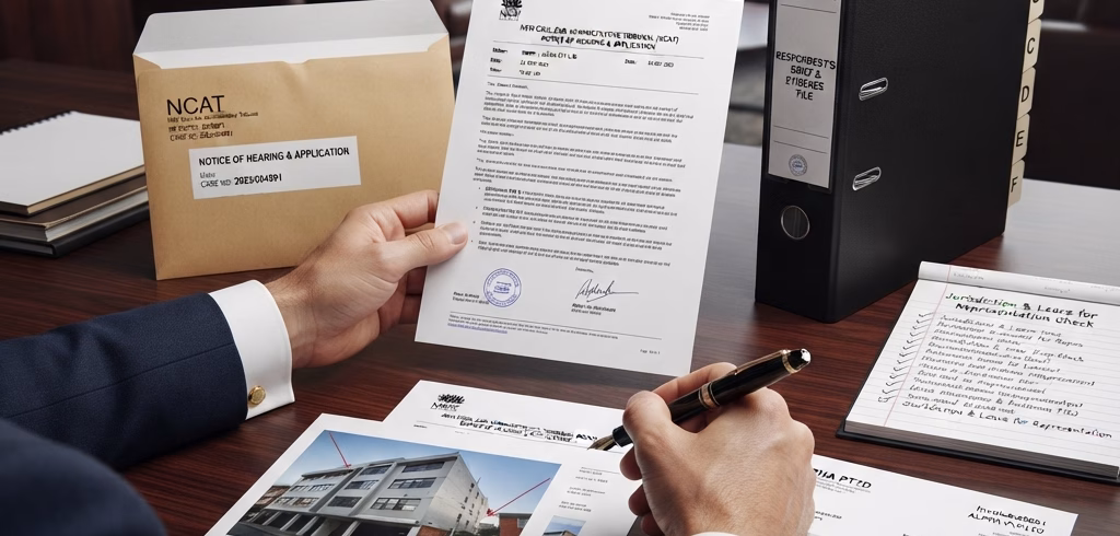 The desk setup displays legal preparation materials for responding to a NSW Civil and Administrative Tribunal claim, including an opened "NCAT Notice of Hearing and Application", a "Respondent's Brief & Evidence File", and a checklist reviewing tribunal jurisdiction and representation options. A Sydney solicitor's hands are shown reviewing contracts, invoices, and evidence, preparing a response to NCAT.