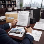 The desk setup displays legal preparation materials for responding to a NSW Civil and Administrative Tribunal claim, including an opened "NCAT Notice of Hearing and Application", a "Respondent's Brief & Evidence File", and a checklist reviewing tribunal jurisdiction and representation options. A Sydney solicitor's hands are shown reviewing contracts, invoices, and evidence, preparing a response to NCAT.