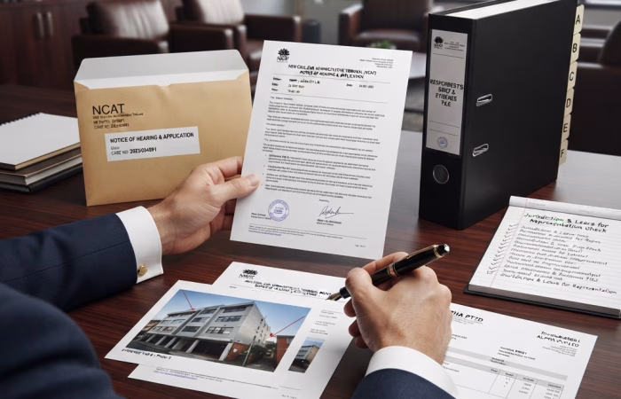 The desk setup displays legal preparation materials for responding to a NSW Civil and Administrative Tribunal claim, including an opened "NCAT Notice of Hearing and Application", a "Respondent's Brief & Evidence File", and a checklist reviewing tribunal jurisdiction and representation options. A Sydney solicitor's hands are shown reviewing contracts, invoices, and evidence, preparing a response to NCAT.