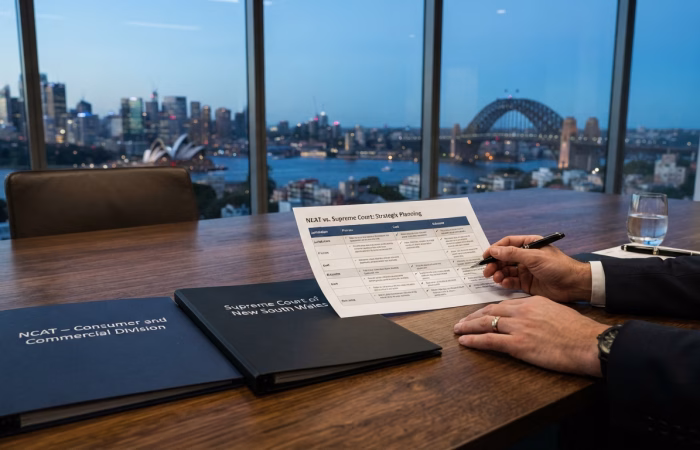 A professional top-down, close-up landscape header image of a legal workspace comparing court and tribunal jurisdictions in New South Wales. On a polished wooden boardroom desk, a lawyer’s hands review side-by-side files: a case folder labeled "NSW Civil and Administrative Tribunal (NCAT) Case File" and a legal binder labeled "Supreme Court of New South Wales | Commercial Litigation Brief." A classic fountain pen rests beside a printed forum comparison checklist detailing jurisdiction and cost structures.