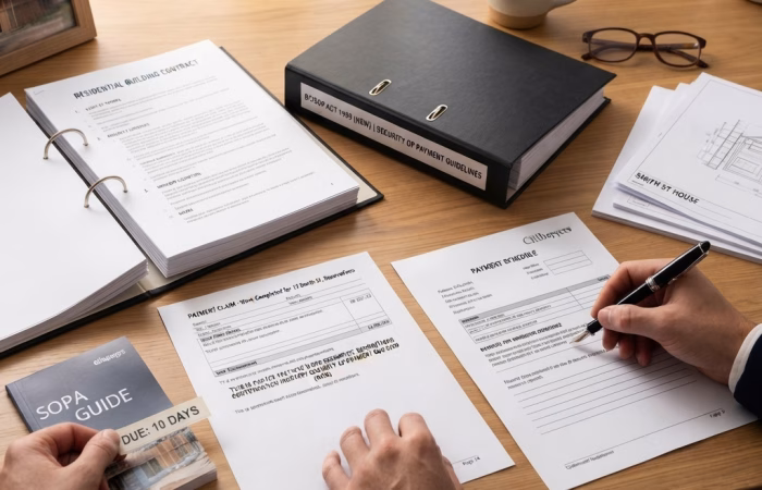 A professional top-down, close-up landscape header image of a legal desk setup for a residential construction dispute. In the foreground, a lawyer's hands review an open "Residential Building Contract" binder and a "Payment Claim" form displaying legislative text under the Building and Construction Industry Security of Payment Act 1999 (NSW). On the right, a litigator writes on a Citilawyers "Payment Schedule" response form with a fountain pen. The desk features an official black binder labeled "BCISOP ACT 1999 (NSW) | SECURITY OF PAYMENT GUIDELINES," a NSW Fair Trading "SOPA Guide" booklet, a small adhesive note reading "DUE: 10 DAYS," architectural house blueprints, and a framed photo of a residential house under construction.