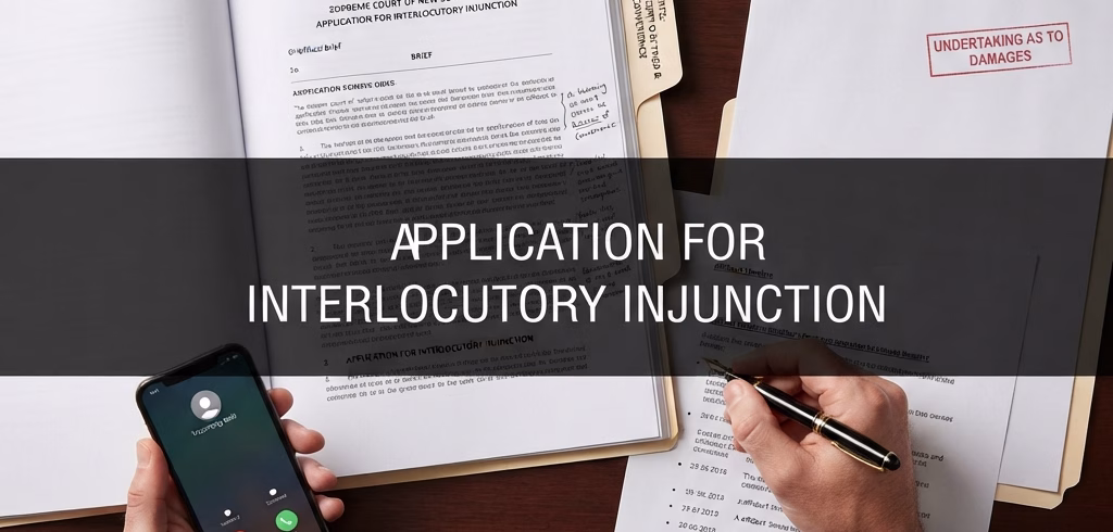 A professional top-down, close-up landscape header image featuring a dark color overlay for optimal website text legibility. The legal workspace showcases preparation materials for an interlocutory injunction in the Supreme Court of New South Wales, including an application brief, a legal checklist analyzing the balance of convenience, and an "Undertaking as to Damages" document. A Sydney commercial litigator's hands are shown reviewing evidence and drafting court affidavits with a fountain pen.
