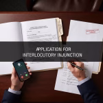 A professional top-down, close-up landscape header image featuring a dark color overlay for optimal website text legibility. The legal workspace showcases preparation materials for an interlocutory injunction in the Supreme Court of New South Wales, including an application brief, a legal checklist analyzing the balance of convenience, and an "Undertaking as to Damages" document. A Sydney commercial litigator's hands are shown reviewing evidence and drafting court affidavits with a fountain pen.