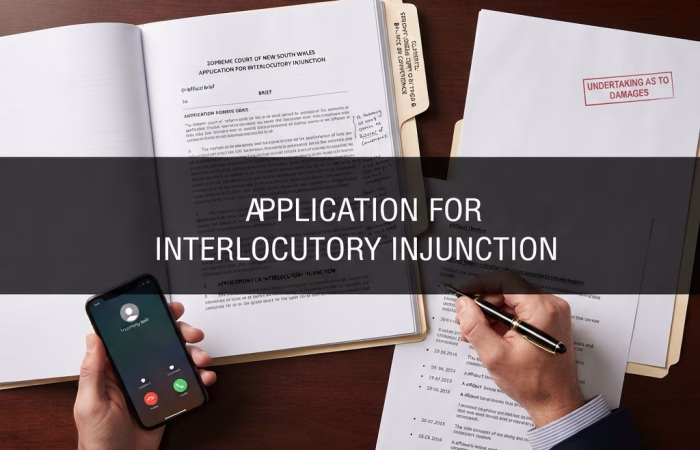 A professional top-down, close-up landscape header image featuring a dark color overlay for optimal website text legibility. The legal workspace showcases preparation materials for an interlocutory injunction in the Supreme Court of New South Wales, including an application brief, a legal checklist analyzing the balance of convenience, and an "Undertaking as to Damages" document. A Sydney commercial litigator's hands are shown reviewing evidence and drafting court affidavits with a fountain pen.