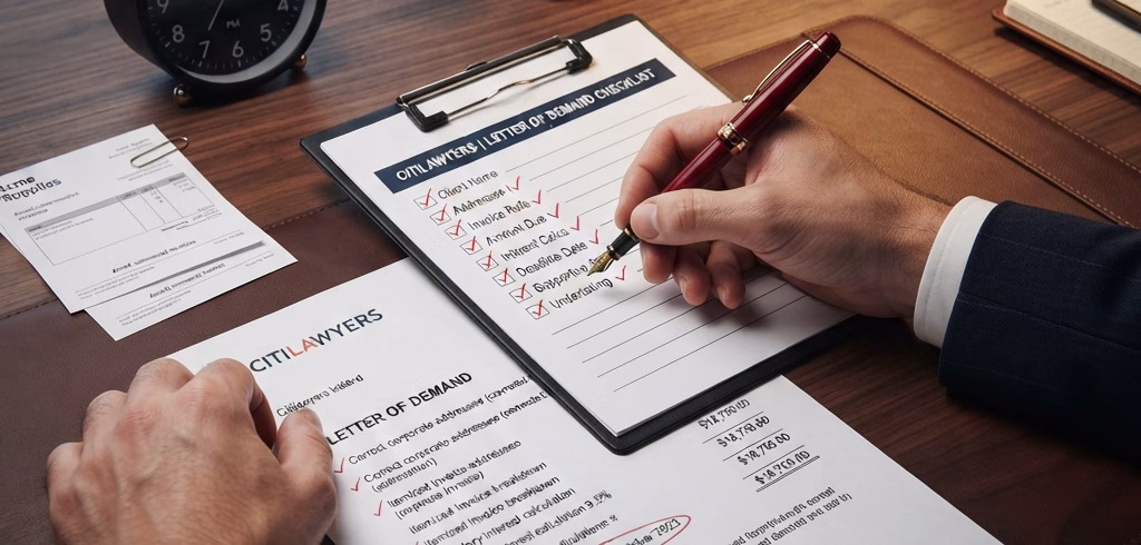 An image showing a top-down view of a lawyer's desk where a solicitor uses a red pen to check off the 8 essential elements on a Letter of Demand checklist, including the addressee, invoice breakdown, interest, and payment deadline.