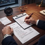 An image showing a top-down view of a lawyer's desk where a solicitor uses a red pen to check off the 8 essential elements on a Letter of Demand checklist, including the addressee, invoice breakdown, interest, and payment deadline.