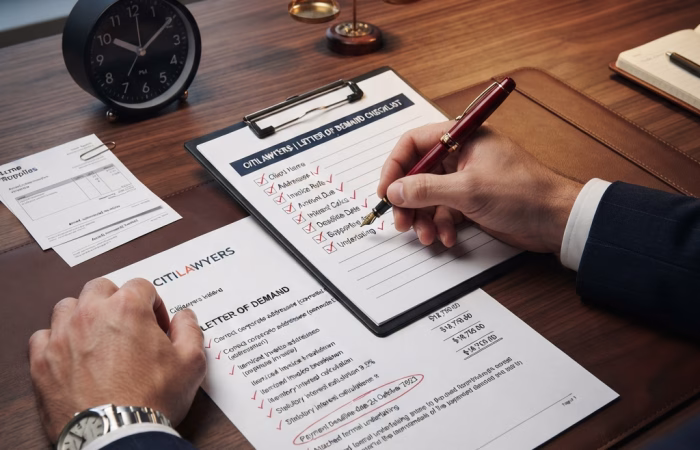 An image showing a top-down view of a lawyer's desk where a solicitor uses a red pen to check off the 8 essential elements on a Letter of Demand checklist, including the addressee, invoice breakdown, interest, and payment deadline.