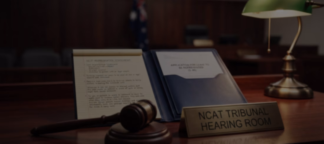 A realistic landscape header image with a dark color overlay for text legibility, showing an NCAT tribunal gavel alongside side-by-side case preparation files—comparing self-represented notes with a formal application for legal representation under section 45.