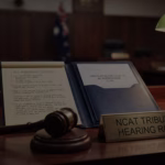 A realistic landscape header image with a dark color overlay for text legibility, showing an NCAT tribunal gavel alongside side-by-side case preparation files—comparing self-represented notes with a formal application for legal representation under section 45.