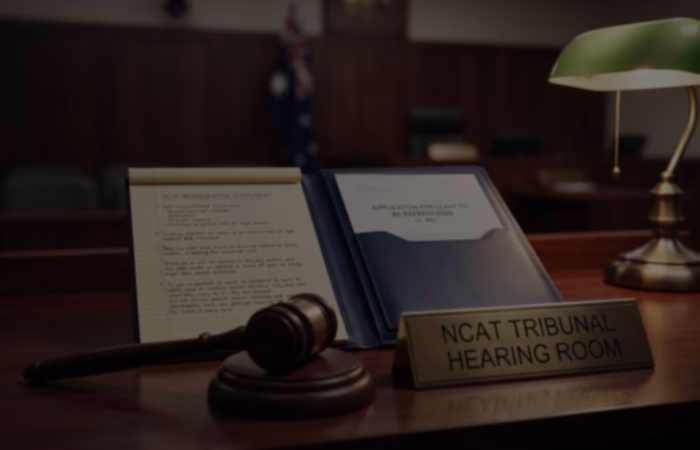A realistic landscape header image with a dark color overlay for text legibility, showing an NCAT tribunal gavel alongside side-by-side case preparation files—comparing self-represented notes with a formal application for legal representation under section 45.